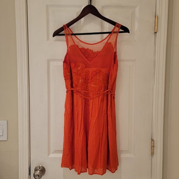 Anthropologie Dress Size 0 Orange Embroidered Flowers Boho Meadow Rue Sangeet - Picture 2 of 11
